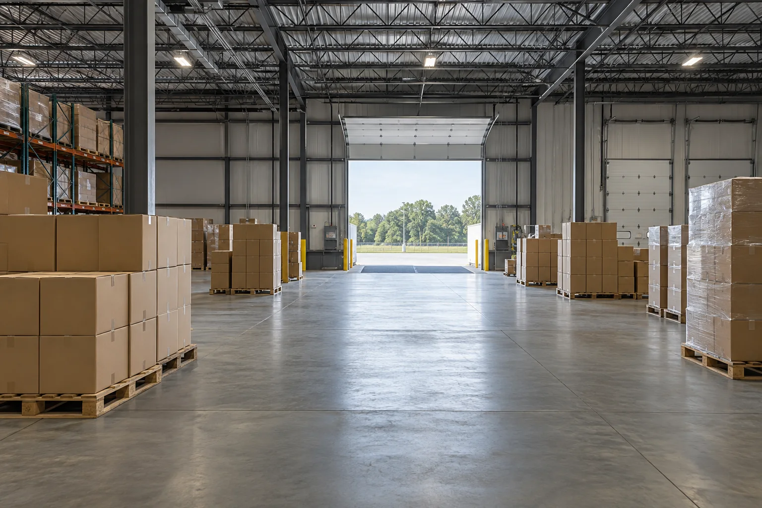 Warehouse hall with unmarked pallets and clear aisles