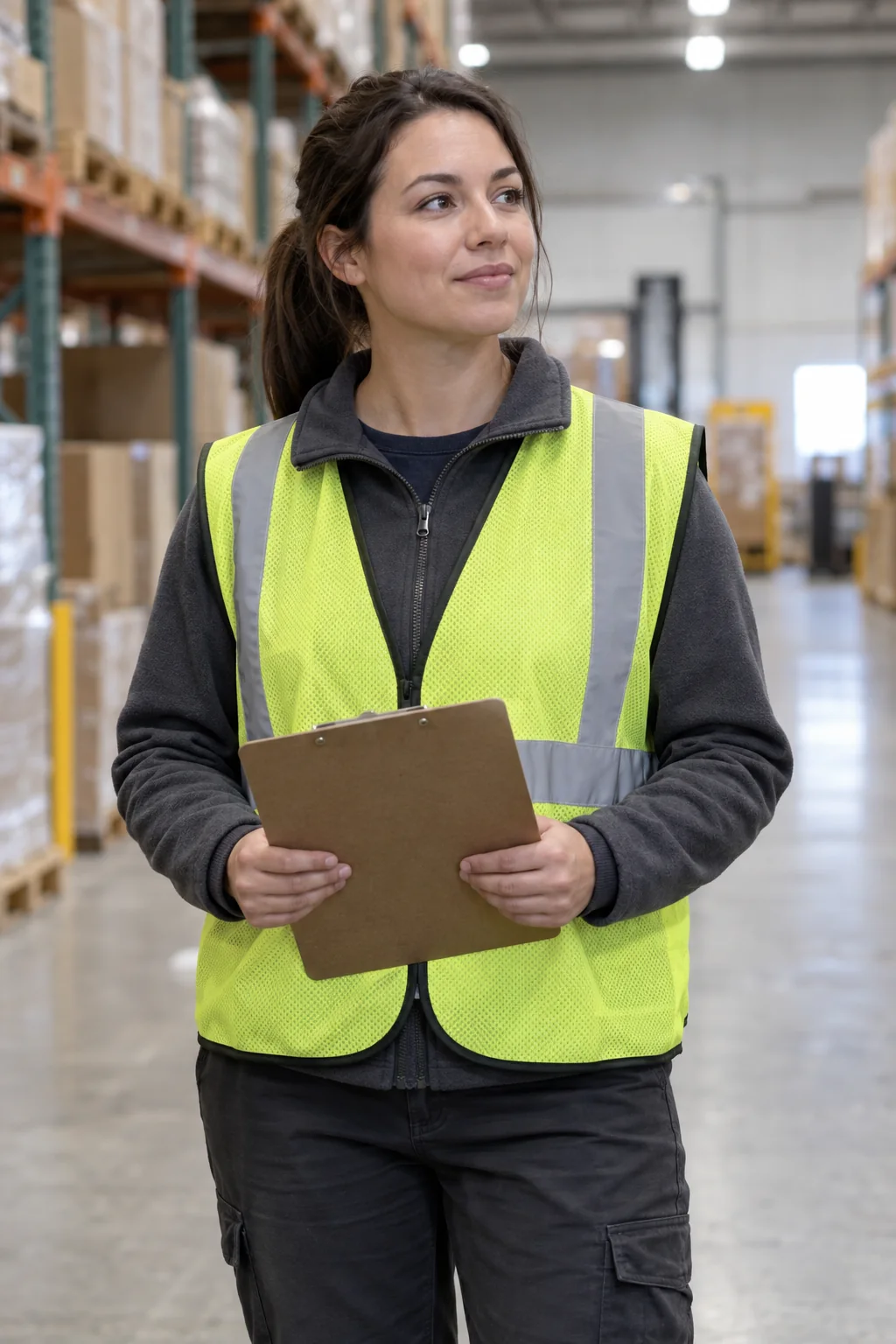 Fictional warehouse worker holding a plain clipboard